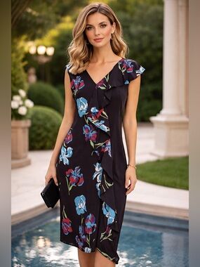 Diane Von Furstenberg /Silk Midi Dress Black with Floral Print - Sz 10 -NWOT